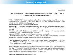 Lansarea proiectului „Creşterea capacităţii de rezilienţă a societăţii YUMM CORPO-RATION SRL prin realizarea de investiţii”