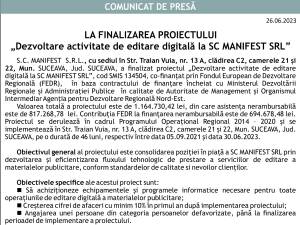 LA FINALIZAREA PROIECTULUI „Dezvoltare activitate de editare digitală la SC MANIFEST SRL”