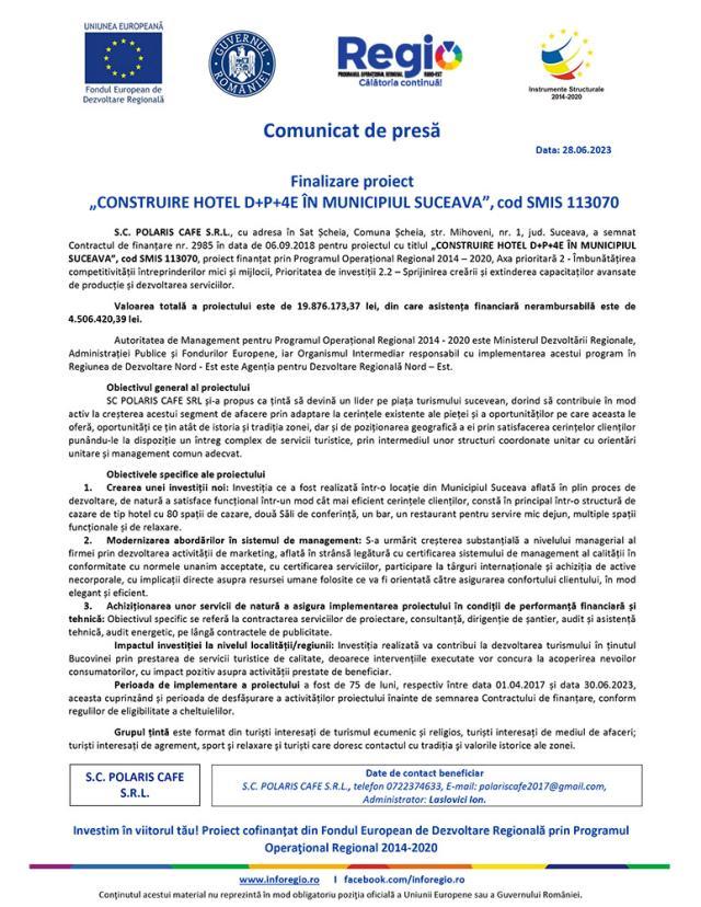 Finalizare proiect „CONSTRUIRE HOTEL D+P+4E ÎN MUNICIPIUL SUCEAVA”, cod SMIS 113070