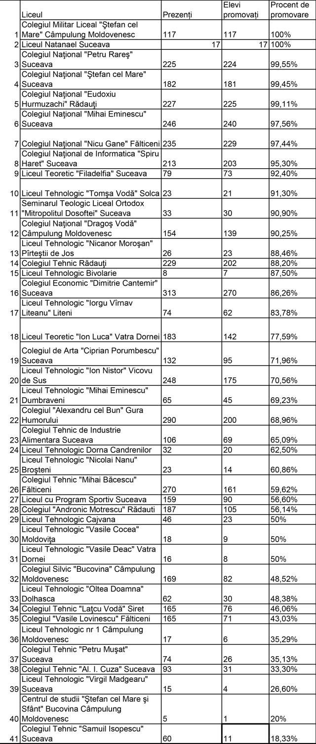 Rezultatele liceelor din județ la examenul de bacalaureat 2023