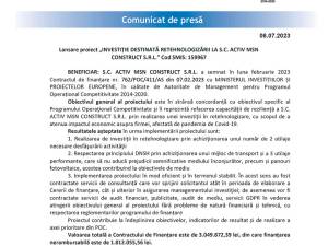 Lansare proiect „INVESTIȚIE DESTINATĂ RETEHNOLOGIZĂRII LA S.C. ACTIV MSN CONSTRUCT S.R.L.” Cod SMIS: 159967