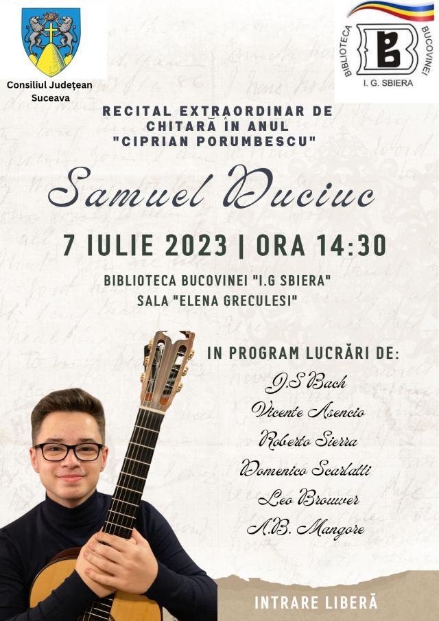 Recital extraordinar de chitară susținut de Samuel Duciuc, vineri, la Biblioteca Bucovinei