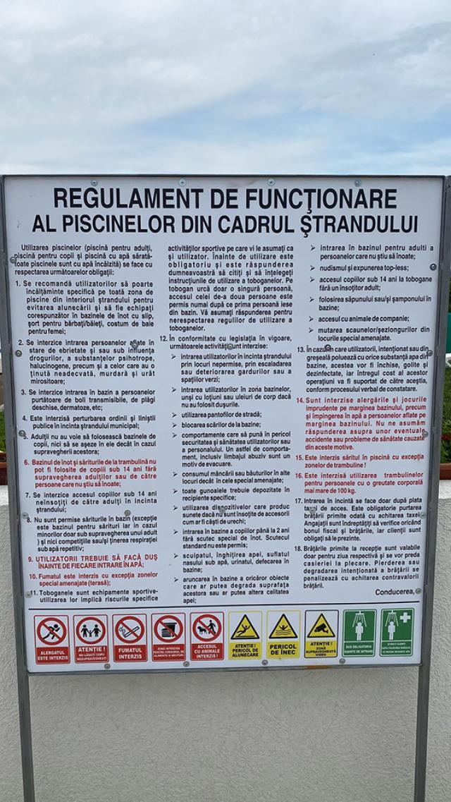 Panouri de avertizare, cu regulamentul de la ștrand
