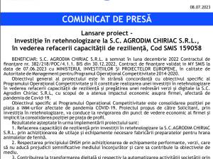 Lansare proiect Investiție în retehnologizare la S.C. AGRODIM CHIRIAC S.R.L., în vederea refacerii capacităţii de rezilienţă, Cod SMIS 159058