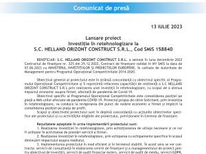 Lansare proiect Investiție în retehnologizare la S.C. HELLAND ORIZONT CONSTRUCT S.R.L., Cod SMIS 158840