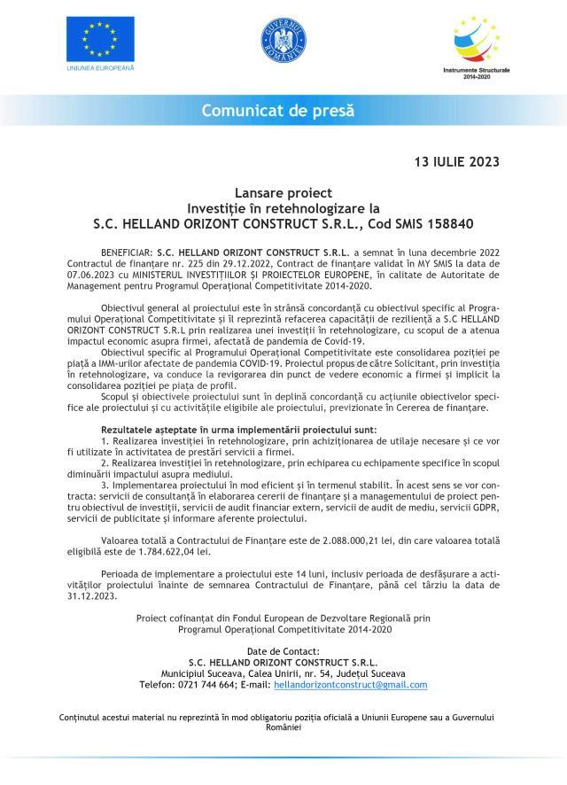 Lansare proiect Investiție în retehnologizare la S.C. HELLAND ORIZONT CONSTRUCT S.R.L., Cod SMIS 158840