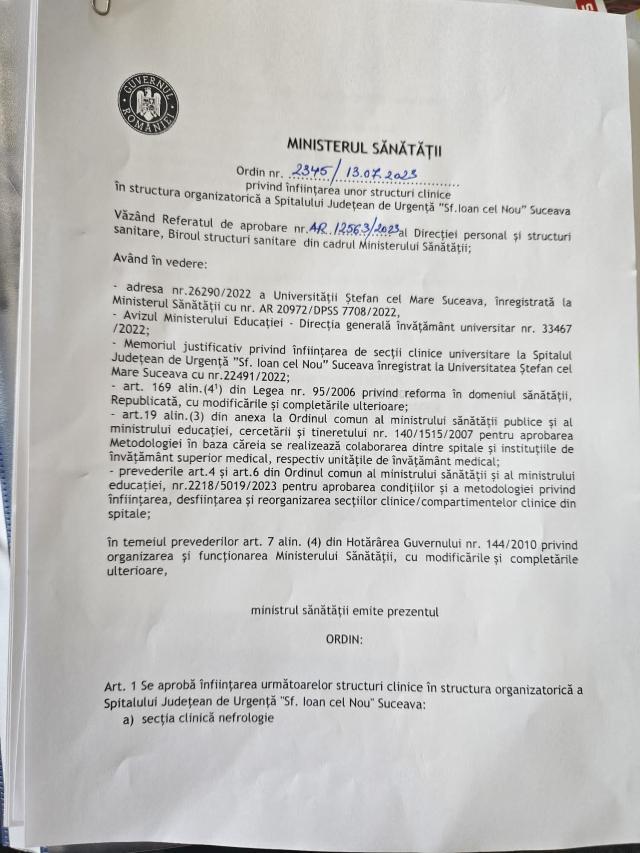 Documentul care atesta statutul de spital județean clinic