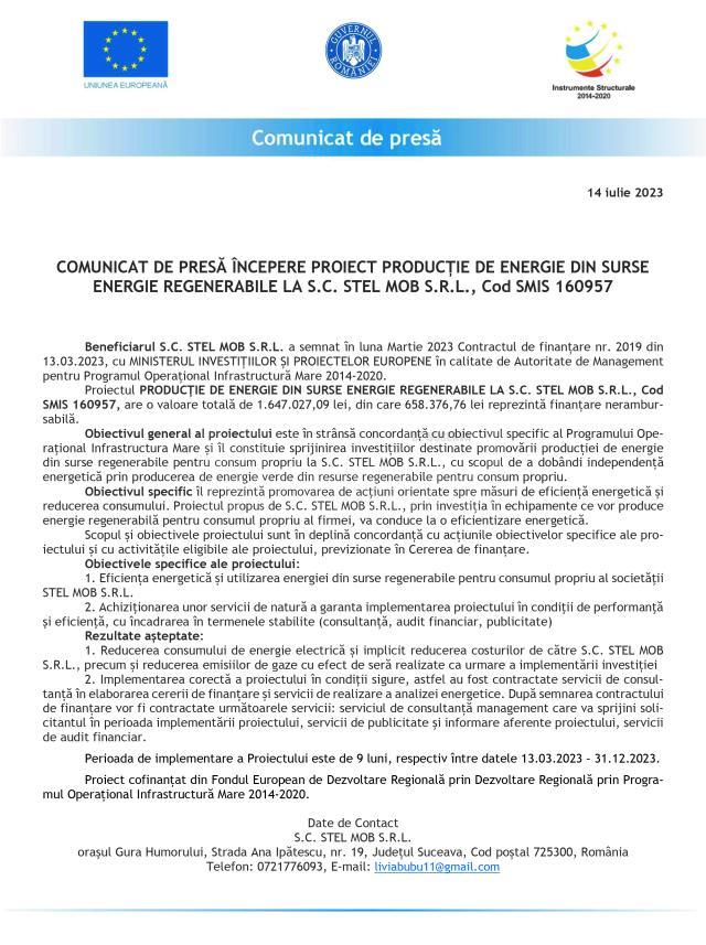 COMUNICAT DE PRESĂ ÎNCEPERE PROIECT PRODUCȚIE DE ENERGIE DIN SURSE ENERGIE REGENERABILE LA S.C. STEL MOB S.R.L., Cod SMIS 160957