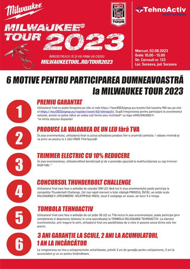 În calitate de distribuitor autorizat al producătorului american MILWAUKEE® TOOL, TEHNOACTIV S.R.L. Suceava organizează evenimentul MILWAUKEE TOUR 2023, eveniment aflat la a 6-a editie