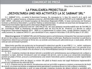 LA FINALIZAREA PROIECTULUI „DEZVOLTAREA UNEI NOI ACTIVITĂŢI LA SC SABIMAT SRL”