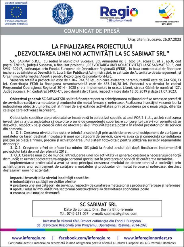 LA FINALIZAREA PROIECTULUI „DEZVOLTAREA UNEI NOI ACTIVITĂŢI LA SC SABIMAT SRL”