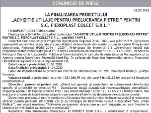 COMUNICAT DE PRESĂ LA FINALIZAREA PROIECTULUI „ACHIZIȚIE UTILAJE PENTRU PRELUCRAREA PIETREI” PENTRU S.C. FIEROPLAST COLECT S.R.L.”