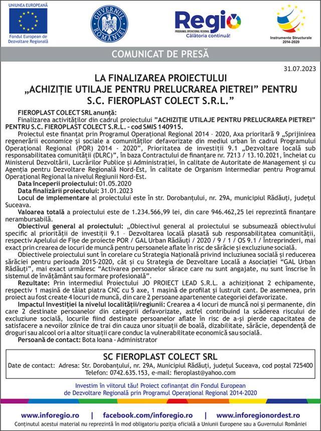 COMUNICAT DE PRESĂ LA FINALIZAREA PROIECTULUI „ACHIZIȚIE UTILAJE PENTRU PRELUCRAREA PIETREI” PENTRU S.C. FIEROPLAST COLECT S.R.L.”