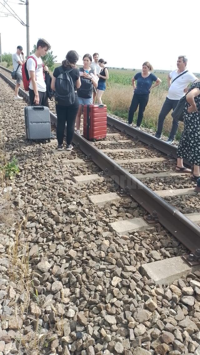 Imaginile surprinse de călători, cu oamenii care au coborât din tren cu valize și au luat-o direct prin lanul de grâu pentru a ajunge la asfalt