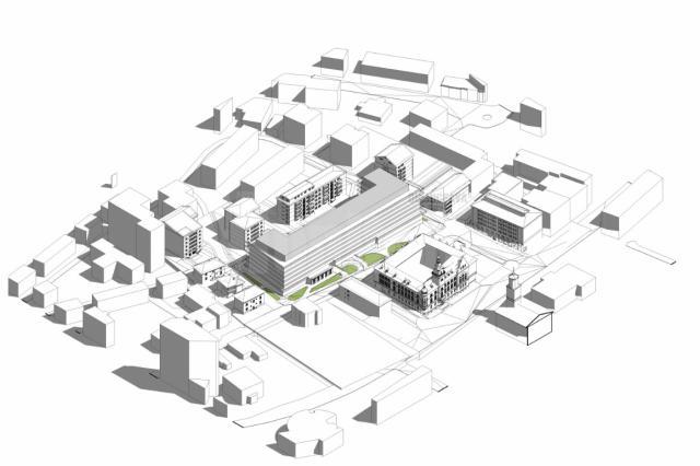 Complex rezidențial înglobat într-o singură clădire, uriașă, pe terenul din spatele Palatului Administrativ Suceava