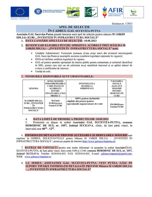 APEL DE SELECȚIE  ÎN CADRUL GAL SUCEVIȚA-PUTNA