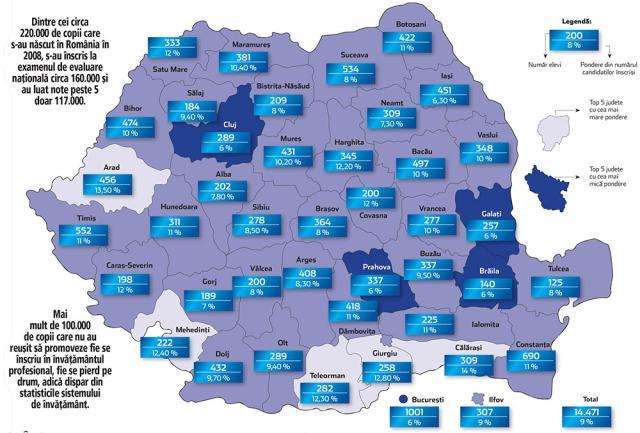 Harta elevilor cu medii mari în gimnaziu și note mici la examen (sursa zf.ro)