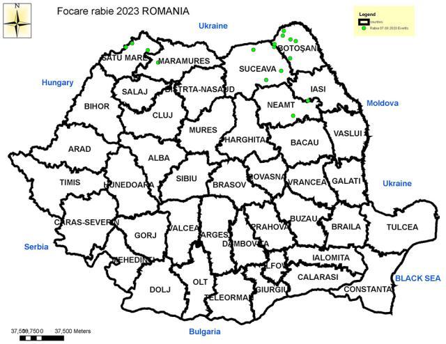 Hartă cazuri rabie de pe parcursul anului 2023