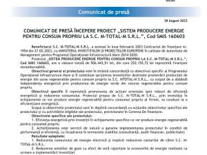 COMUNICAT DE PRESĂ ÎNCEPERE PROIECT „SISTEM PRODUCERE ENERGIE PENTRU CONSUM PROPRIU LA S.C. M-TOTAL-M S.R.L.”, Cod SMIS 160603