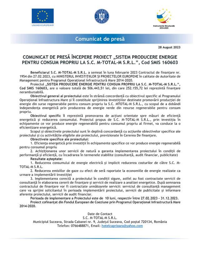 COMUNICAT DE PRESĂ ÎNCEPERE PROIECT „SISTEM PRODUCERE ENERGIE PENTRU CONSUM PROPRIU LA S.C. M-TOTAL-M S.R.L.”, Cod SMIS 160603