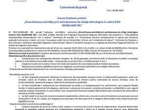 Anunț finalizare proiect: „Diversificarea activităţii prin achiziţionarea de utilaje tehnologice în cadrul EGO IMOBILIARE SRL”