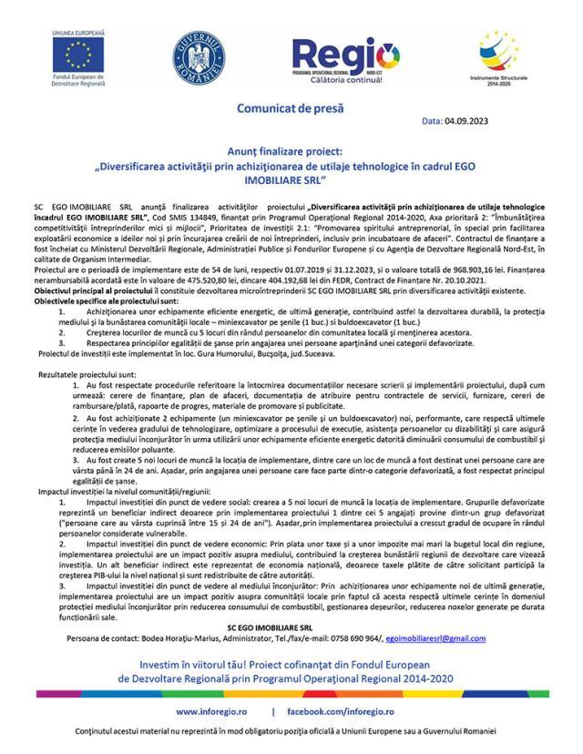 Anunț finalizare proiect: „Diversificarea activităţii prin achiziţionarea de utilaje tehnologice în cadrul EGO IMOBILIARE SRL”