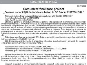 Comunicat finalizare proiect - Crearea capacităţii de fabricare beton la SC BAV ALX BETON SRL