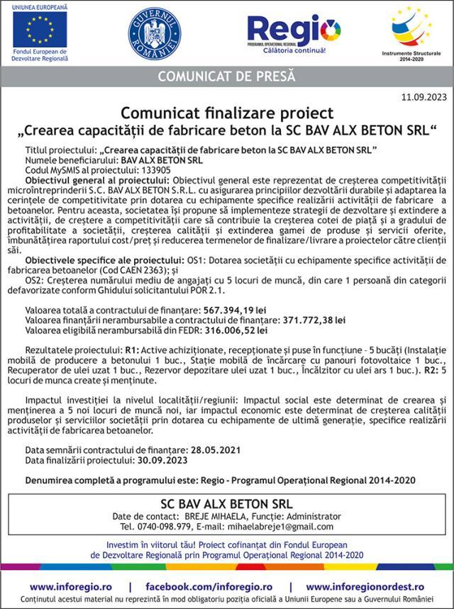 Comunicat finalizare proiect - Crearea capacităţii de fabricare beton la SC BAV ALX BETON SRL