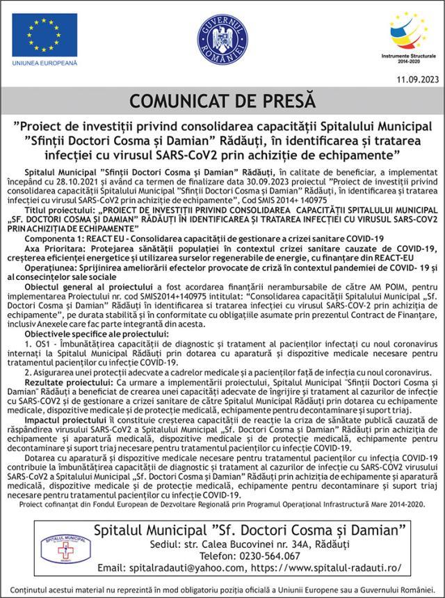 Finalizare proiect: ”Proiect de investiții privind consolidarea capacității Spitalului Municipal ”Sfinții Doctori Cosma și Damian” Rădăuți, în identificarea și tratarea infecției cu virusul SARS-CoV2 prin achiziție de echipamente”