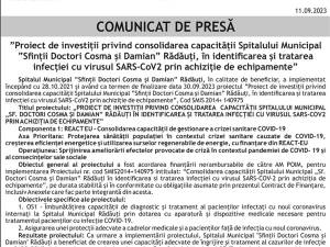 Finalizare proiect: ”Proiect de investiții privind consolidarea capacității Spitalului Municipal ”Sfinții Doctori Cosma și Damian” Rădăuți, în identificarea și tratarea infecției cu virusul SARS-CoV2 prin achiziție de echipamente”