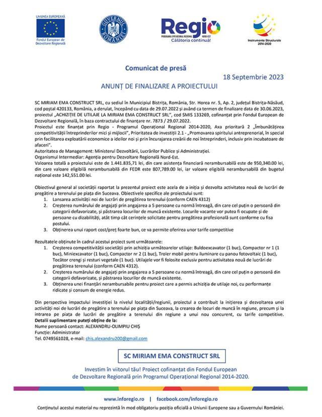 ANUNȚ DE FINALIZARE A PROIECTULUI - "ACHIZIȚIE DE UTILAJE LA MIRIAM EMA CONSTRUCT SRL"