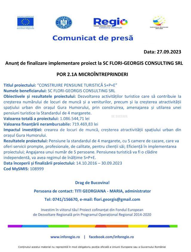 Anunț de finalizare implementare proiect la SC FLORI-GEORGIS CONSULTING SRL POR 2.1A MICROÎNTREPRINDERI