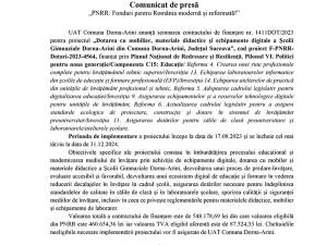 „PNRR: Fonduri pentru România modernă și reformată!” - „Dotarea cu mobilier, materiale didactice și echipamente digitale a Școlii Gimnaziale Dorna-Arini din Comuna Dorna-Arini, Județul Suceava”