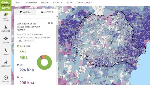 Suprafața totală de pădure în România este de 7.037.607 ha, din care terenuri acoperite cu arbori 6.929.047 ha, iar terenuri destinate împăduririi 56.653 ha