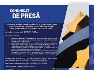 Dotarea cu mobilier, materiale didactice și echipamente digitale a Școlii Gimnaziale „Mitropolit Iacob Putneanul” Putna „PNRR: Fonduri pentru România modernă și reformată!”