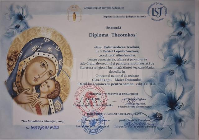 Andreea Teodora Balan a obținut Premiul „Theotokos”, la un concurs național de recitare