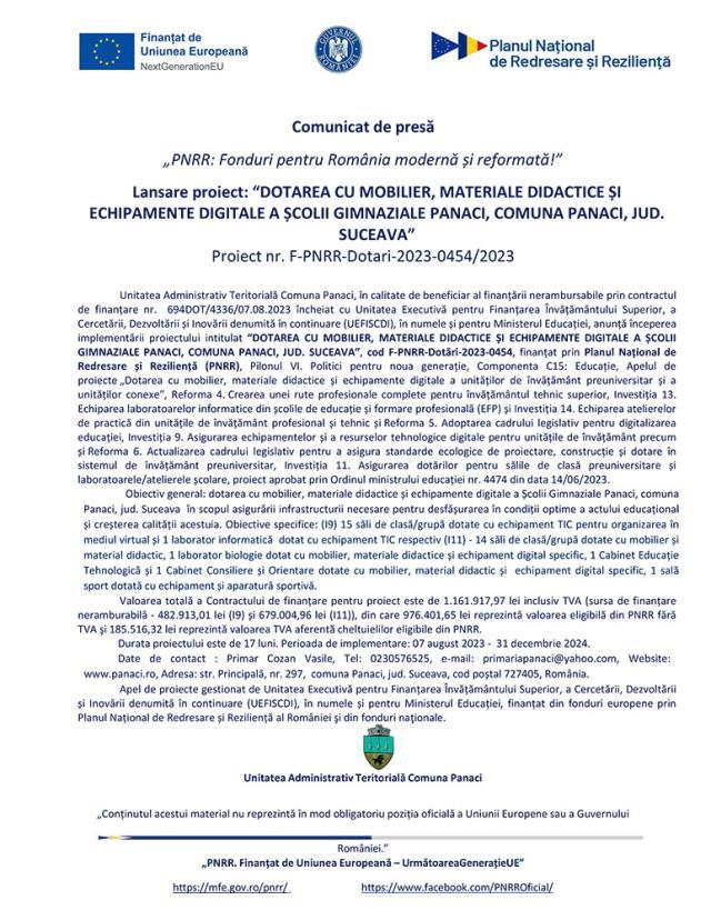 Lansare proiect: “DOTAREA CU MOBILIER, MATERIALE DIDACTICE ȘI ECHIPAMENTE DIGITALE A ȘCOLII GIMNAZIALE PANACI, COMUNA PANACI, JUD. SUCEAVA”