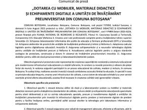 „DOTAREA CU MOBILIER, MATERIALE DIDACTICE ȘI ECHIPAMENTE DIGITALE A UNITĂȚII DE ÎNVĂȚĂMÂNT PREUNIVERSITAR DIN COMUNA BOTOȘANA”