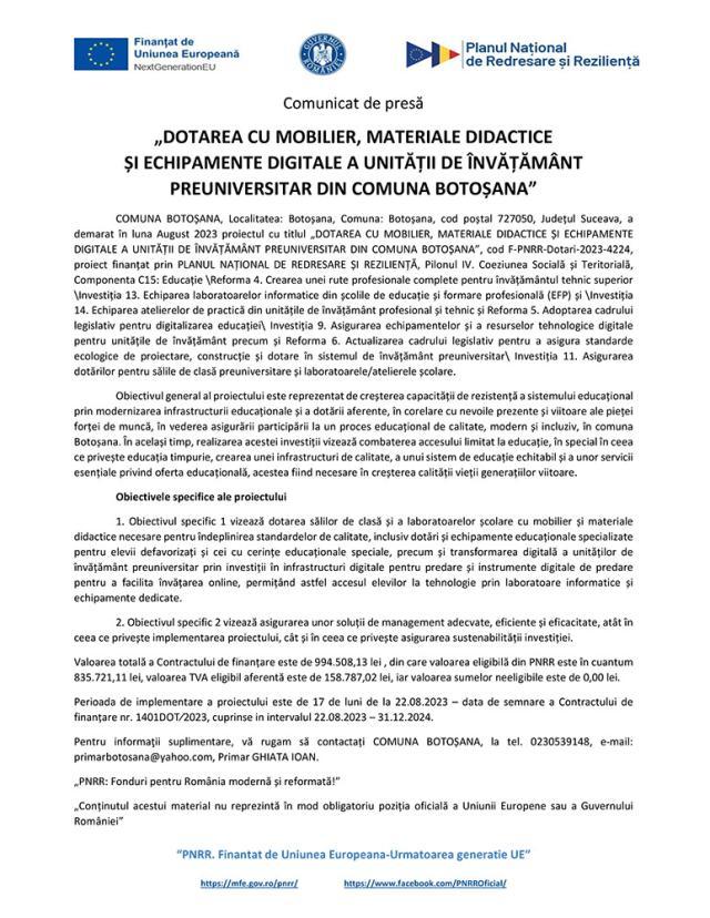 „DOTAREA CU MOBILIER, MATERIALE DIDACTICE ȘI ECHIPAMENTE DIGITALE A UNITĂȚII DE ÎNVĂȚĂMÂNT PREUNIVERSITAR DIN COMUNA BOTOȘANA”