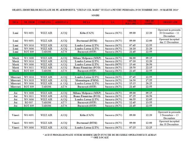 Orarul de iarnă pentru sosirile pe Aeroportul Suceava