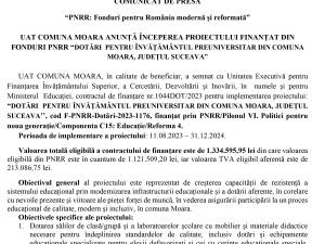 UAT COMUNA MOARA ANUNȚĂ ÎNCEPEREA PROIECTULUI FINANȚAT DIN FONDURI PNRR “DOTĂRI PENTRU ÎNVĂȚĂMÂNTUL PREUNIVERSITAR DIN COMUNA MOARA, JUDEȚUL SUCEAVA”