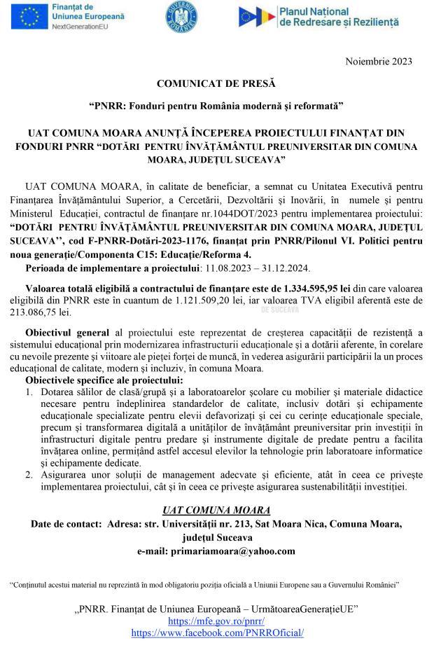 UAT COMUNA MOARA ANUNȚĂ ÎNCEPEREA PROIECTULUI FINANȚAT DIN FONDURI PNRR “DOTĂRI PENTRU ÎNVĂȚĂMÂNTUL PREUNIVERSITAR DIN COMUNA MOARA, JUDEȚUL SUCEAVA”