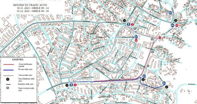 Harta zonelor cu restricții de circulație pentru zilele de 30 noiembrie si 1 Decembrie 2023 - sursa Poliţia Locală Suceava