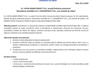 S.C. ALPHA GRAND PROJECT S.R.L. anunță finalizarea proiectului “Dezvoltarea activităţii la S.C. LUXCONSTRUCT S.R.L., prin achiziție de utilaje”