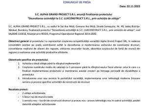 S.C. ALPHA GRAND PROJECT S.R.L. anunță finalizarea proiectului “Dezvoltarea activităţii la S.C. LUXCONSTRUCT S.R.L., prin achiziție de utilaje”