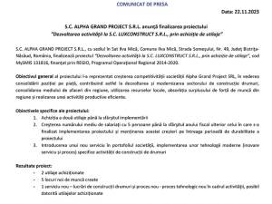 S.C. ALPHA GRAND PROJECT S.R.L. anunță finalizarea proiectului “Dezvoltarea activităţii la S.C. LUXCONSTRUCT S.R.L., prin achiziție de utilaje”