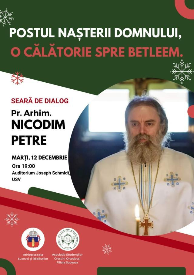 Seară de dialog cu pr. arhim Nicodim Petre, marți, la Auditorium „Joseph Schmidt" USV