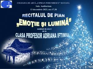 „Emoţie şi lumină”, recital de pian, miercuri, la Colegiul de Artă Suceava