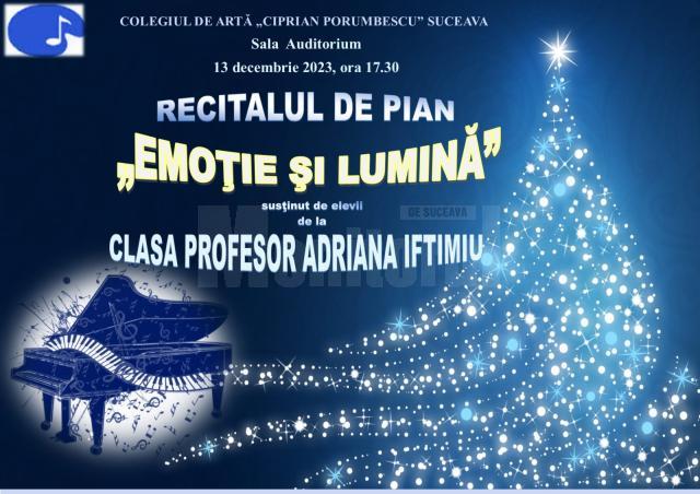 „Emoţie şi lumină”, recital de pian, miercuri, la Colegiul de Artă Suceava