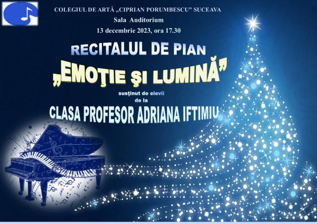 „Emoţie şi lumină”, recital de pian, miercuri, la Colegiul de Artă Suceava